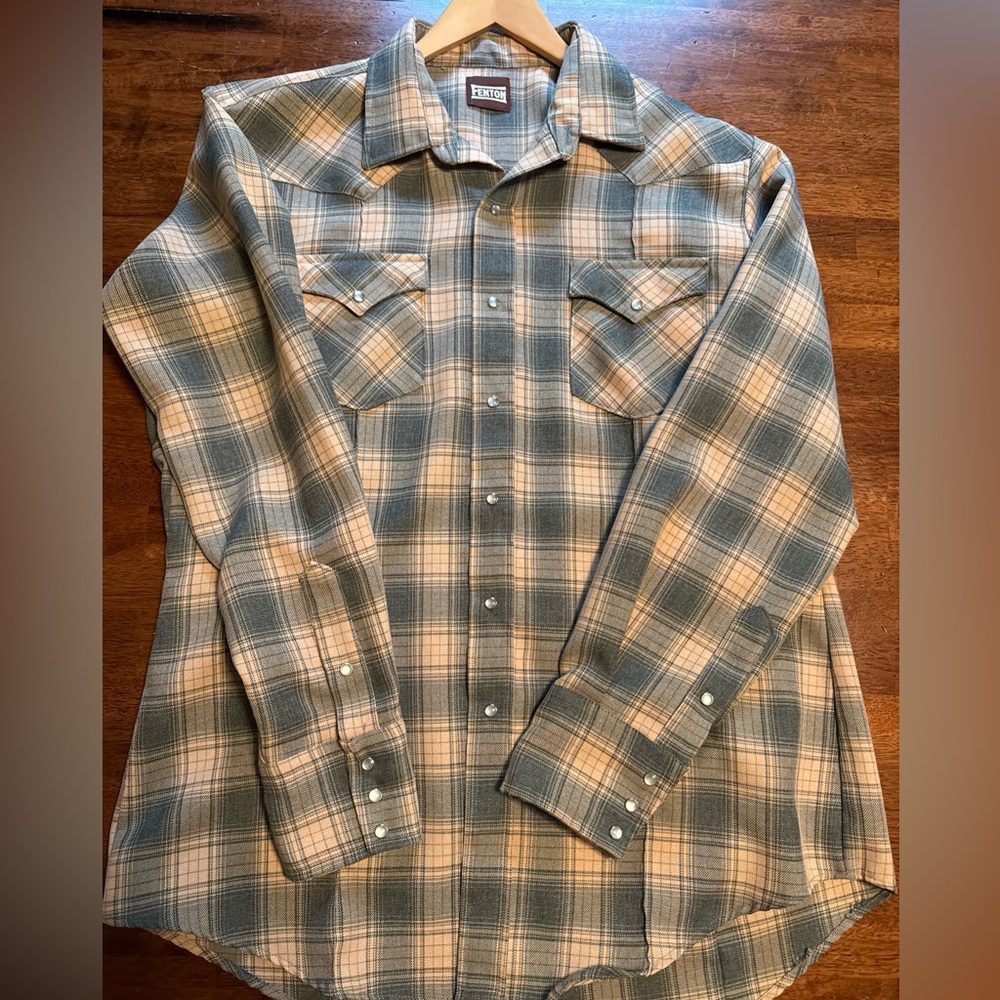 Fenton Western Cowboy Shirt Mens XL Plaid Pearl Snap Long Tails green & Tan